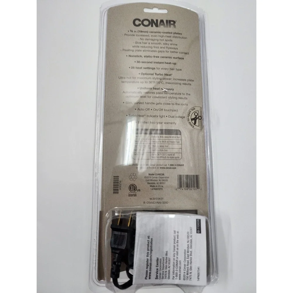 Conair Ceramic FlatIron 3/4 Inch Hair StraightenerBlack CS4VCSR 400F DualVoltage